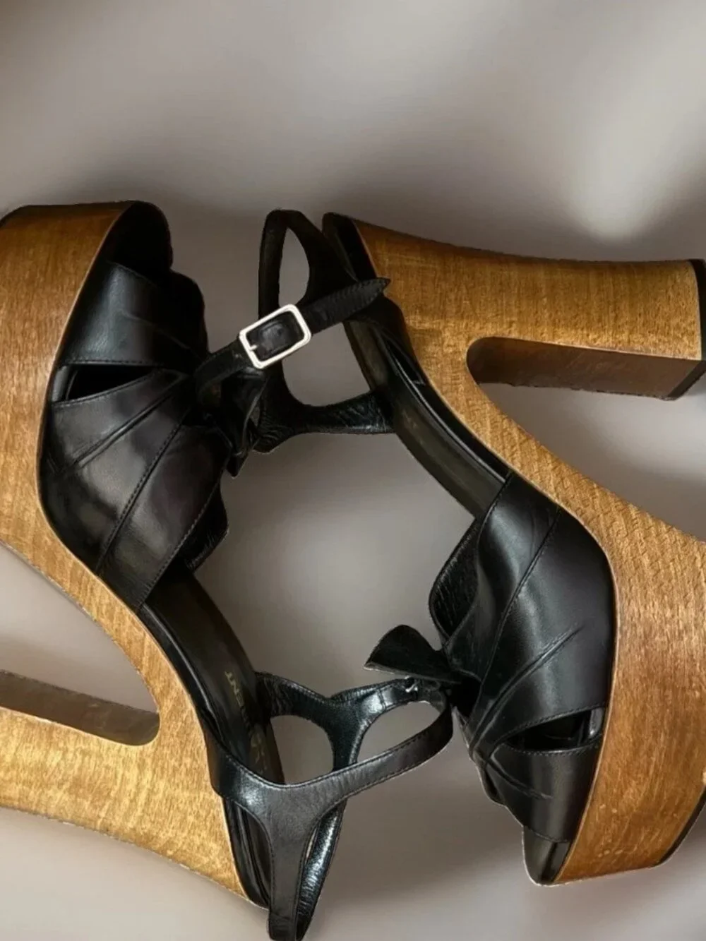 Saint Laurent Candy Black Leather Wooden Platform Sandals 38/8 US